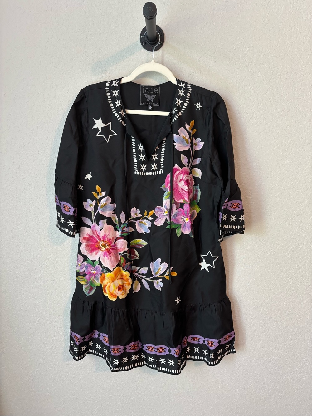 Johnny Was Jade Hailee Western Kasumi Black Floral Silk Flounce Shift Dress - Picture 5 of 9